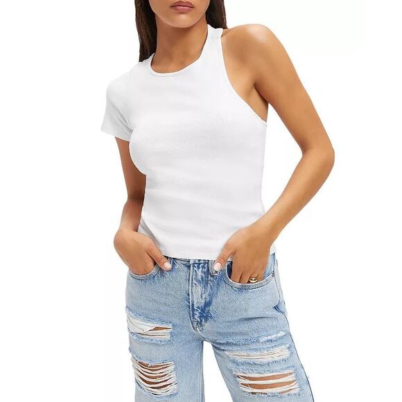 Good American Asymmetric Open Back Tee nwt sz 1 Small $55 34 - Picture 1 of 2